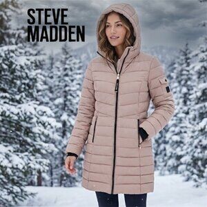Steve Madden Womens Winter Coat - Quilted Long Hooded Parka Puffer Jacket - L